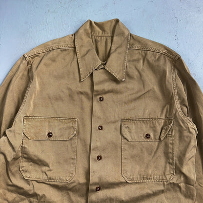 Vintage 40s WWII Gusset Khaki Work Army Military Button Shirt Stencil USN