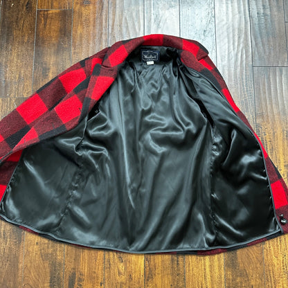 VTG Woolrich Coat Womens M Red Black Plaid Wool Blend Mackinaw Jacket 1970s 70s