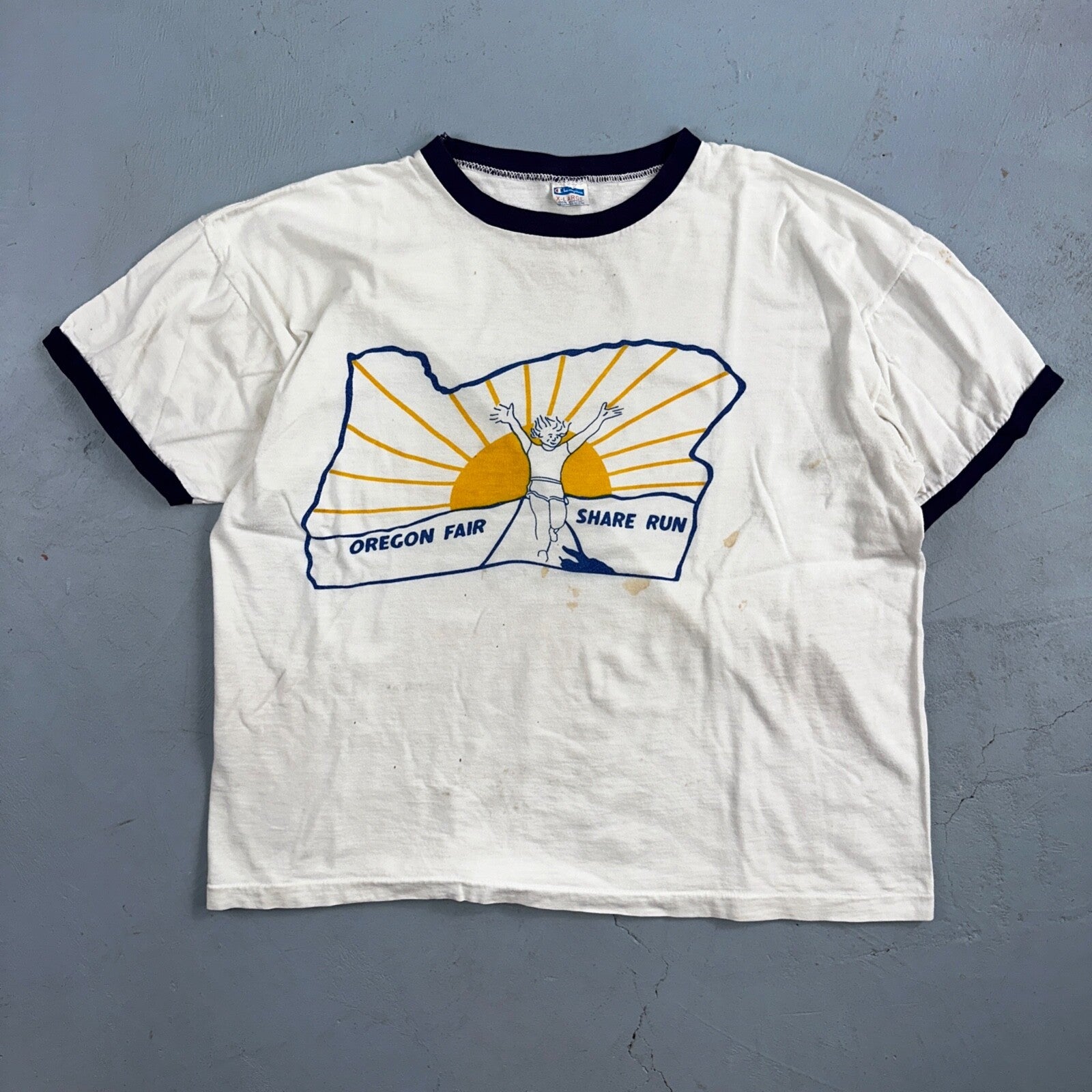 Oregon Champion 80s Ringer Fair Run VTG T Shirt 1980s Sun Fun Graphic XL Cool