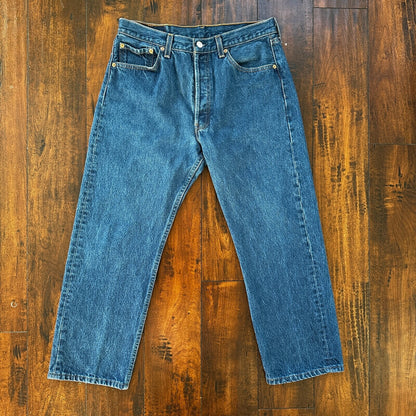 VTG Levis 501 XX Button Fly 90s USA Jeans Denim Straight Capri 34x30 Act 30x25
