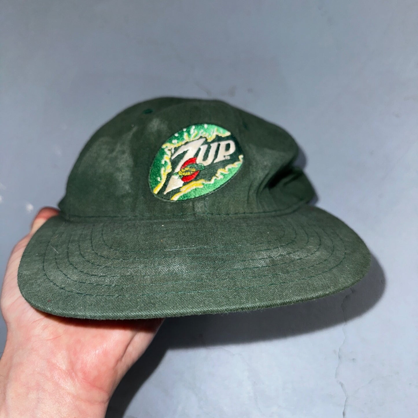 Vintage 7up Hat Made In USA Snap Back Trucker Style Worn Green 90s Heavy Used