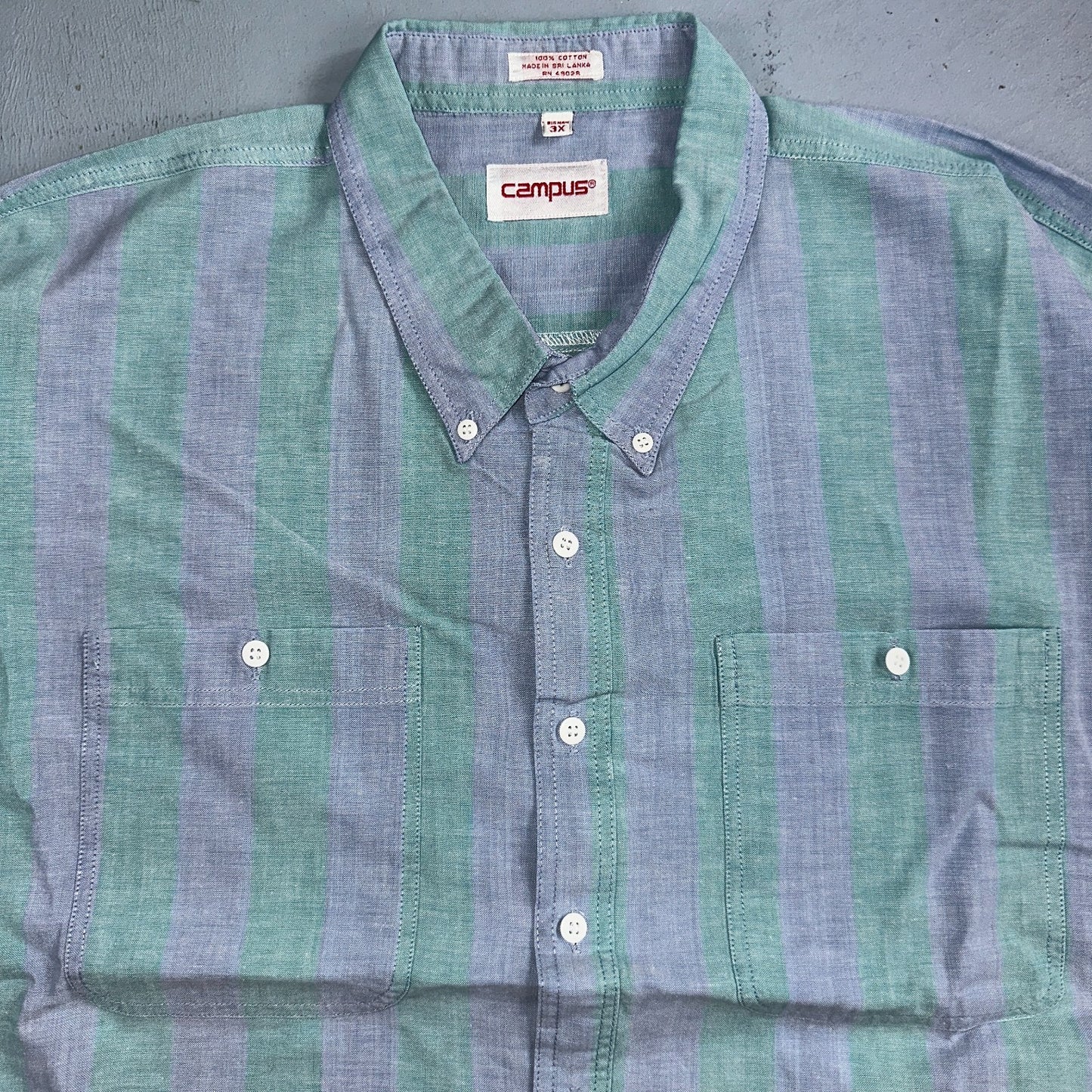 VTG 80s Campus Blue Green Boxy 3XL Short Sleeve Button Up Shirt Preppy Striped