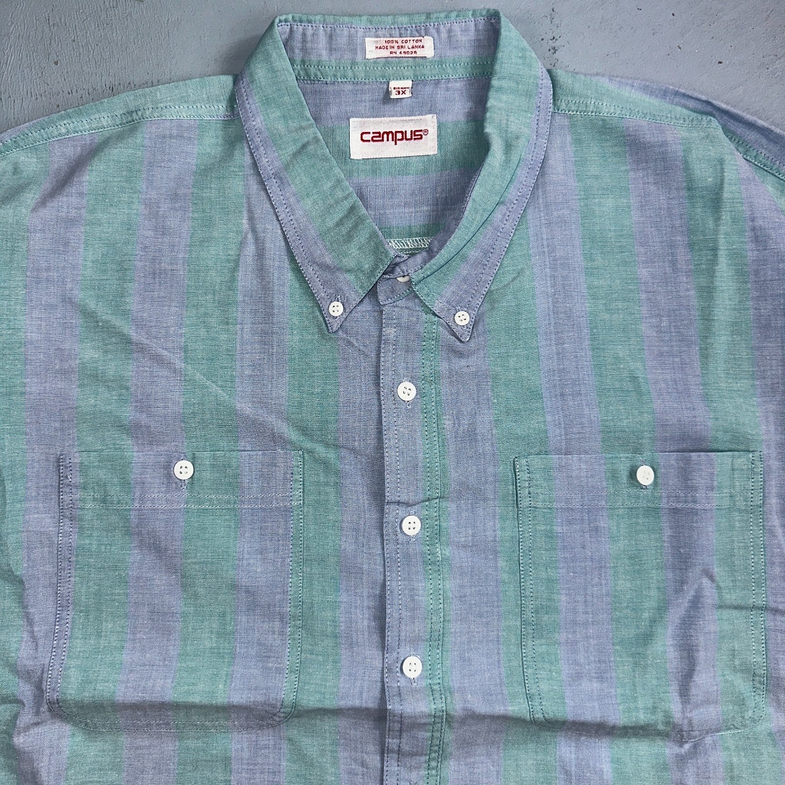VTG 80s Campus Blue Green Boxy 3XL Short Sleeve Button Up Shirt Preppy Striped