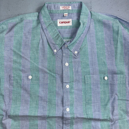 VTG 80s Campus Blue Green Boxy 3XL Short Sleeve Button Up Shirt Preppy Striped