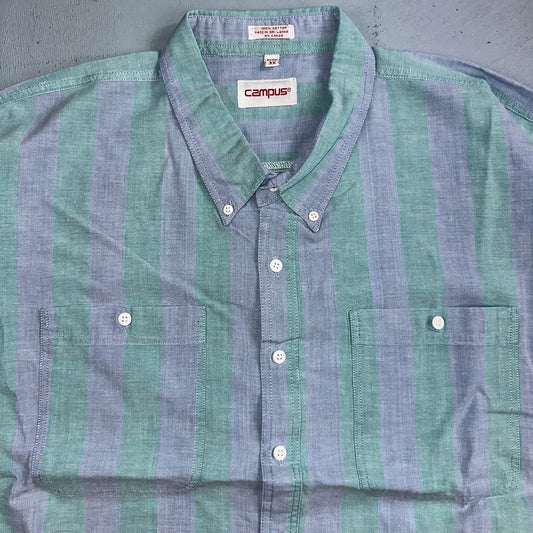 VTG 80s Campus Blue Green Boxy 3XL Short Sleeve Button Up Shirt Preppy Striped
