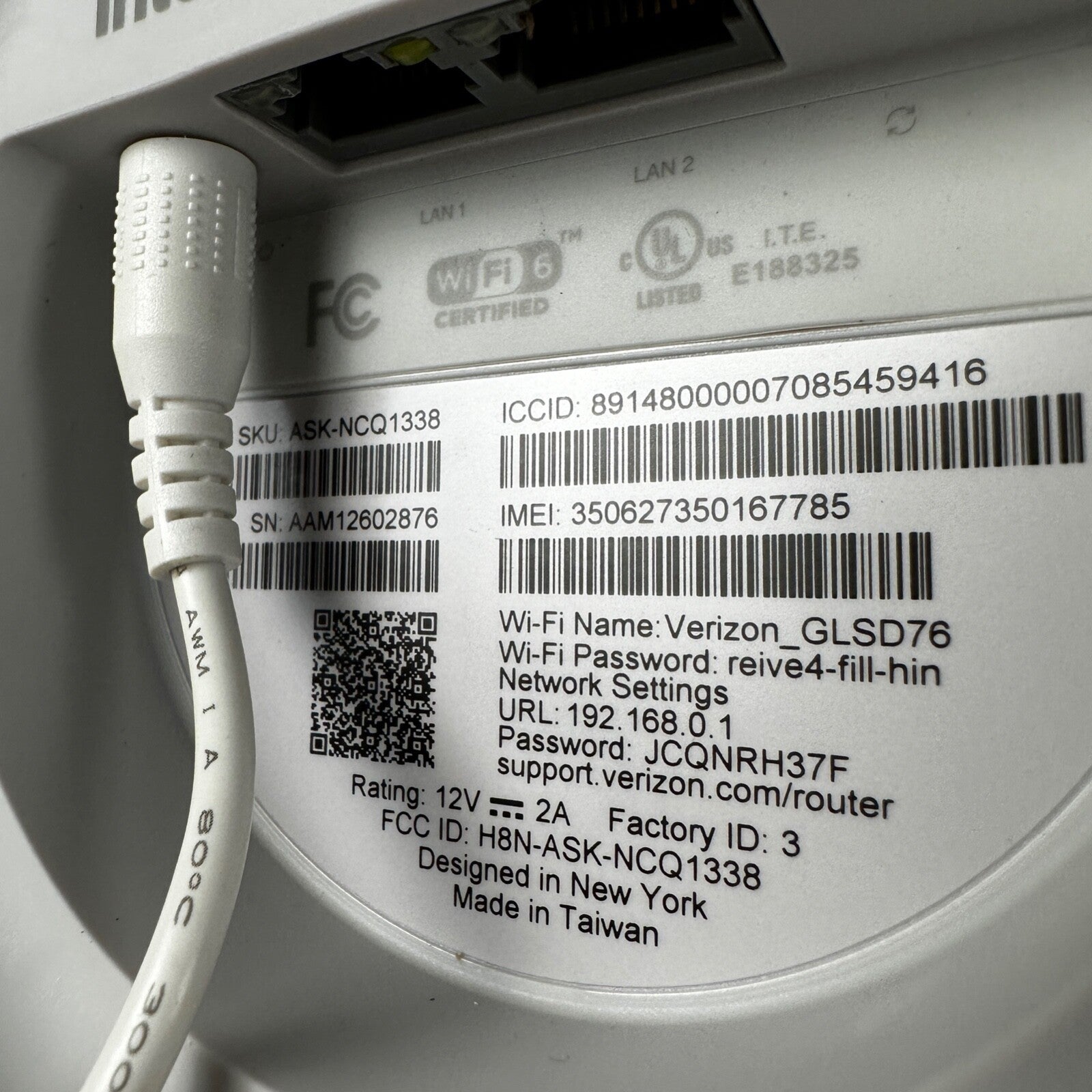 Verizon 5G Internet Gateway Home Router Wi-Fi Hotspot ASK-NCQ1338 White