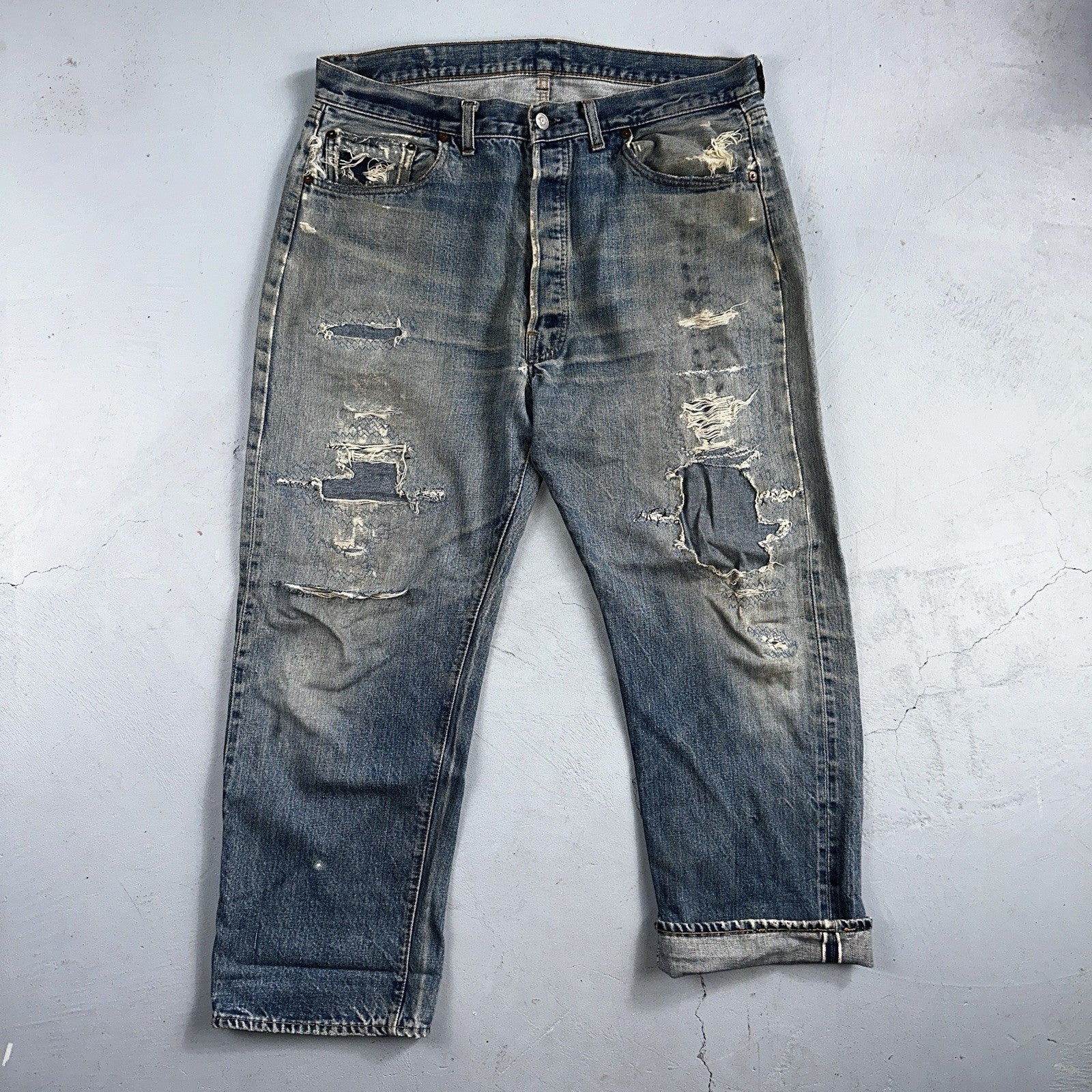Levis 501 VTG 70s SS Redline Selvedge Jeans XX Med Wash Thrashed Act 35x26
