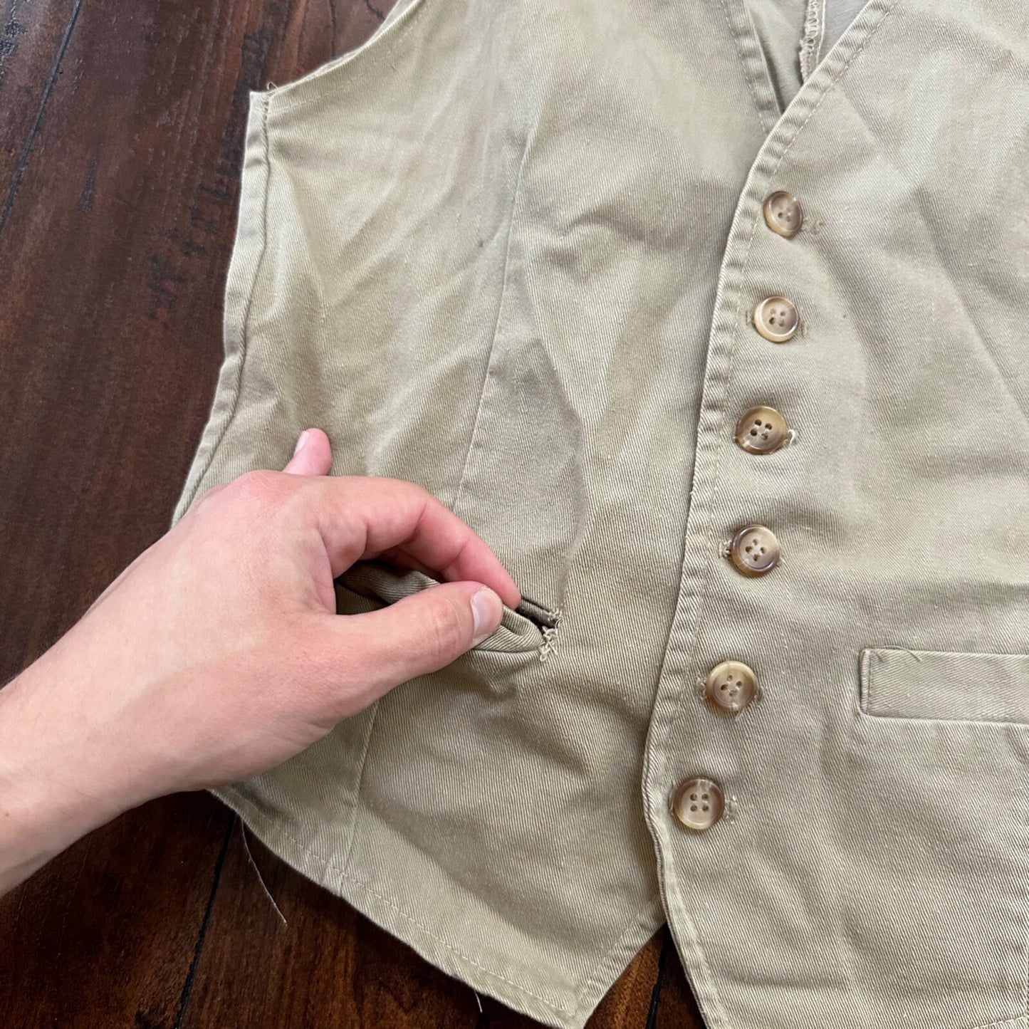 VTG Male Vest Adult Beige Canvas 60s 70s Shooting Hunting buckle back