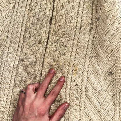 VTG Sweater Mens M Cream Cable Knit Ribbed Full Zip 1960s Rockabilly Ivory Rare