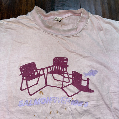 Salmon River 1983 VTG T Shirt Thrashed Lawn Chairs Fish Fishing 80s Single Stitc
