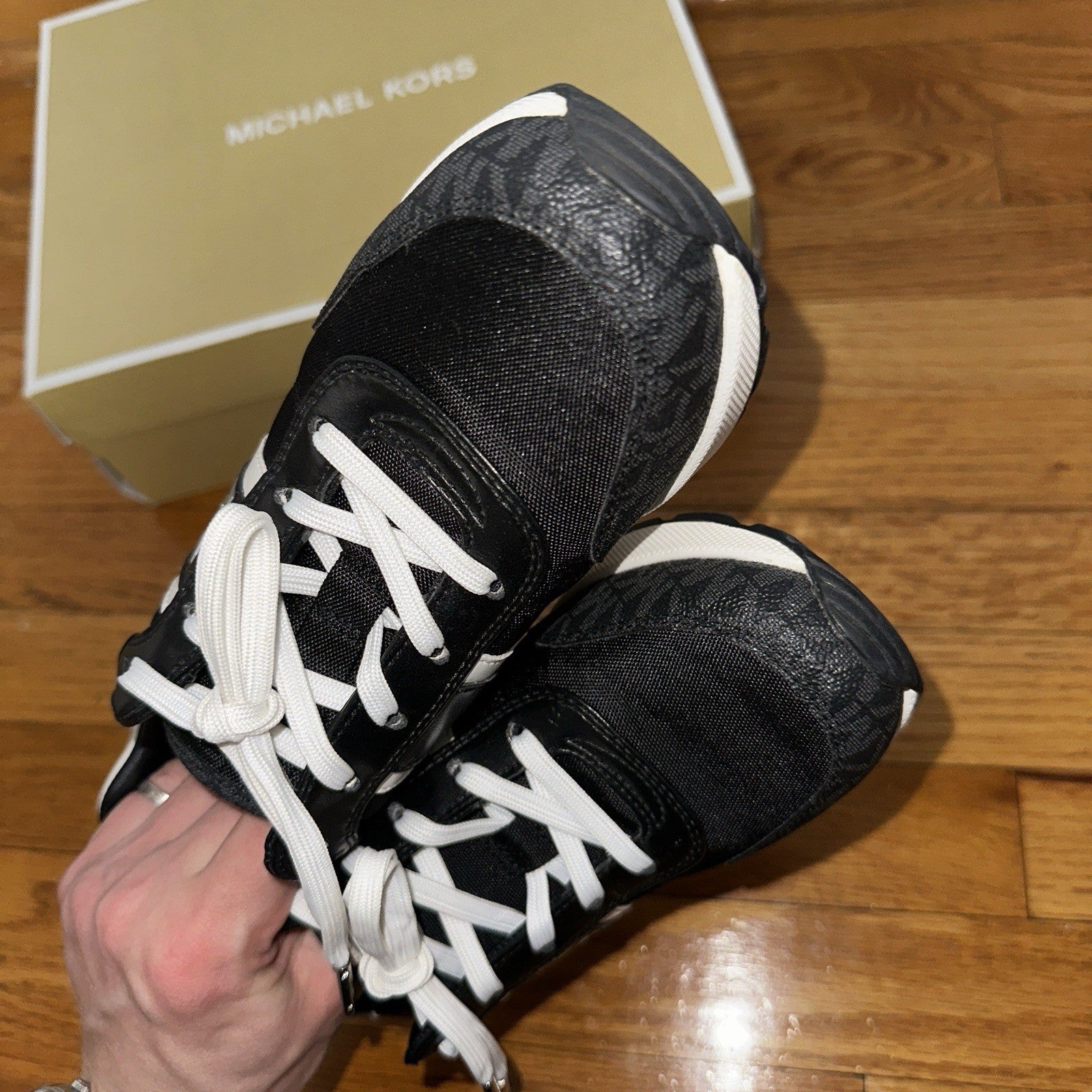 Size 7 Michael Kors Mabel Sneakers Coated MK Canvas Trainer Black MK Logo