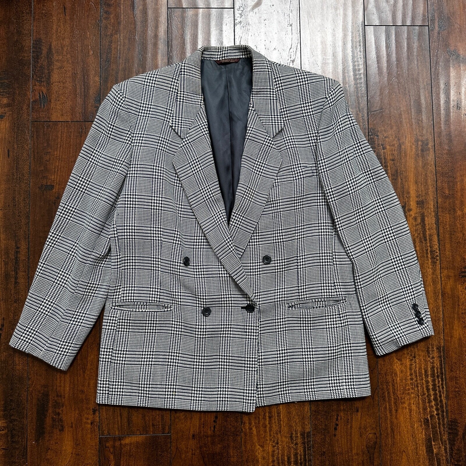 Vintage Cricketeer Womens Nordstrom Double Breasted Blazer Pure Wool 80s Plaid