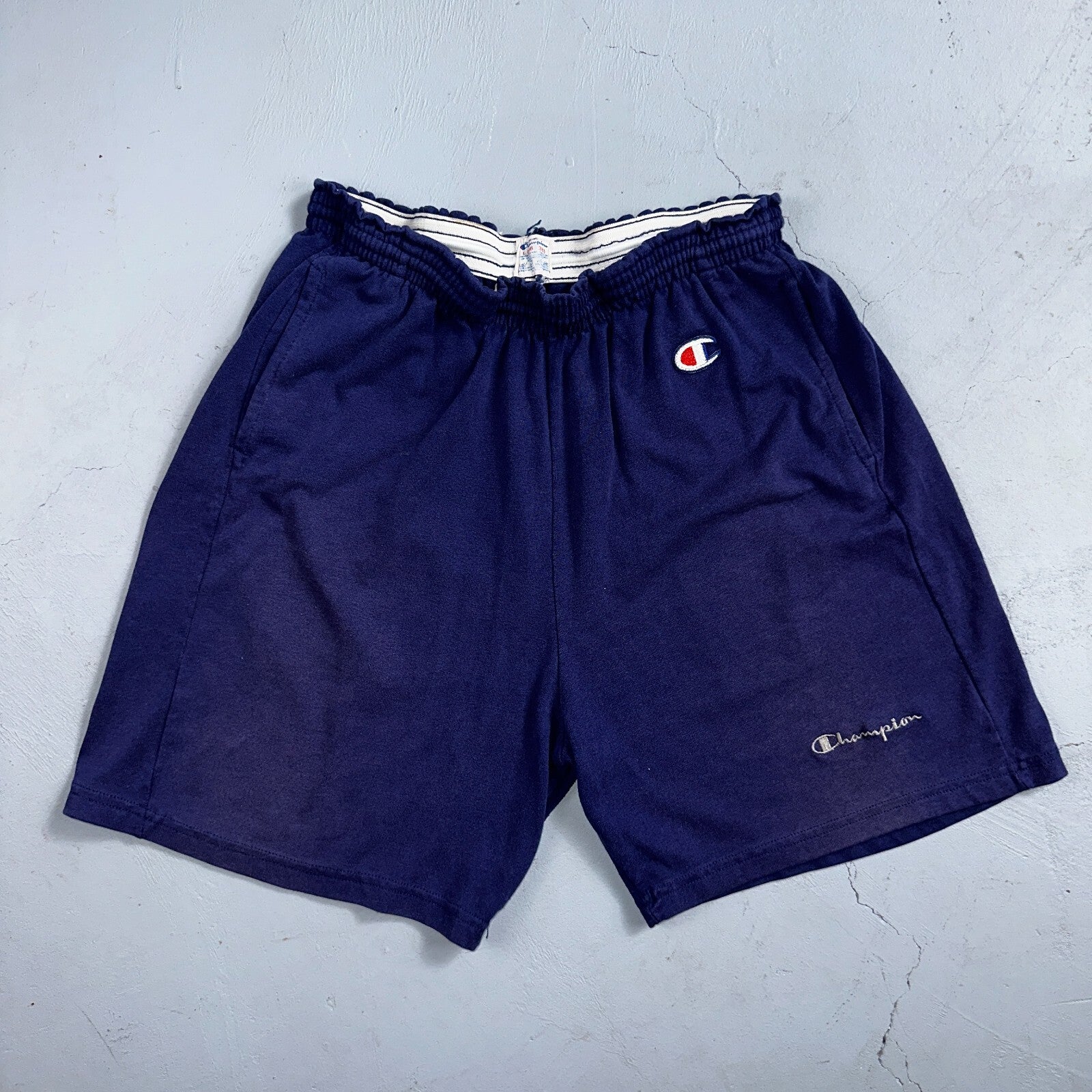 Champion VTG USA 80s Sweat Gym Shorts Large Navy Blue Faded Reverse Weave 1980s