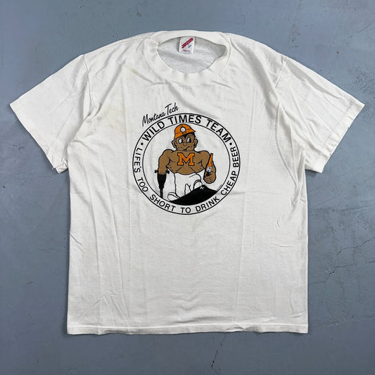 Cheap Beer Montana Tech Wild Times Buff Guy VTG T Shirt 80s Quote Funny Graphic