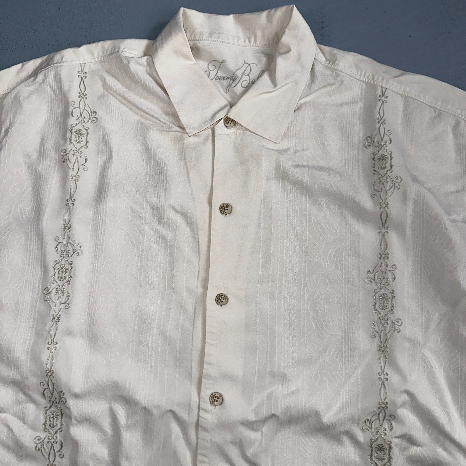 Tommy Bahama Mens Camp Hawaiian Shirt 2XL Silk White Aloha Floral Summer