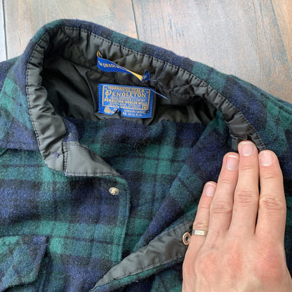 Pendleton Wool Plaid Shirt Western Wear VTG USA Green Pearl Snap Flannel 70s