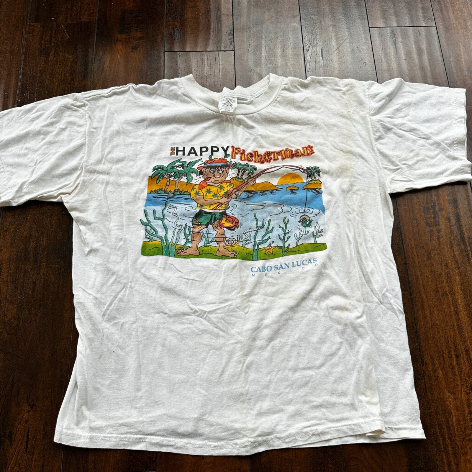 Happy Fisherman Funny Joke Humor Adult Vintage T Shirt Y2K Cabo San Lucas Suck