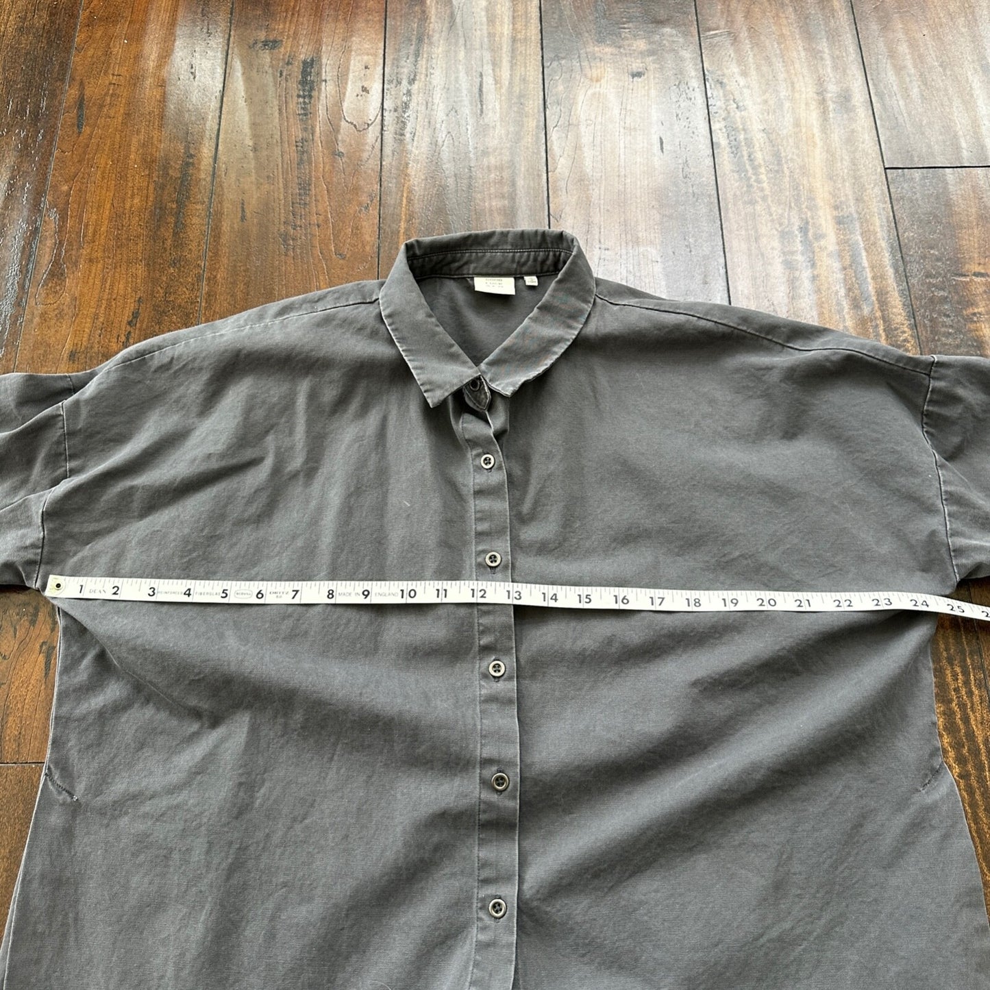Good Luck Gem Dark Grey Boxy Cotton Button Up Shirt Raw Edge Hem Lightweight
