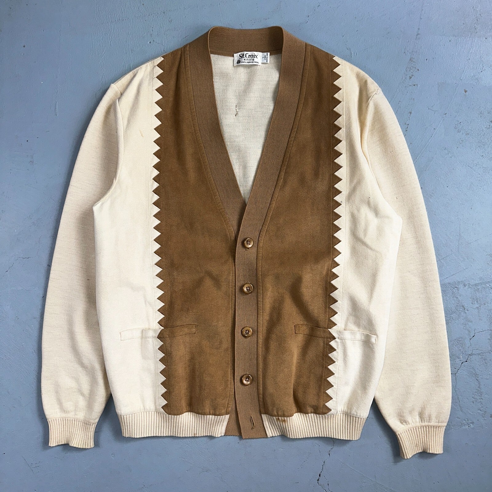 VTG St. Croix Knits Zephyr Wool Cardigan Size L Ivory Old Money Academia Preppy