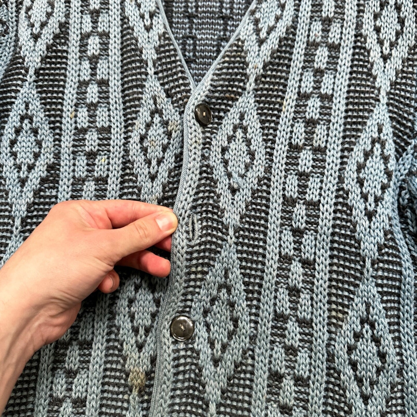 VTG RARE Caramy Cardigan Mens M Blue 1970s Corduroy Wool Button Up Aztec
