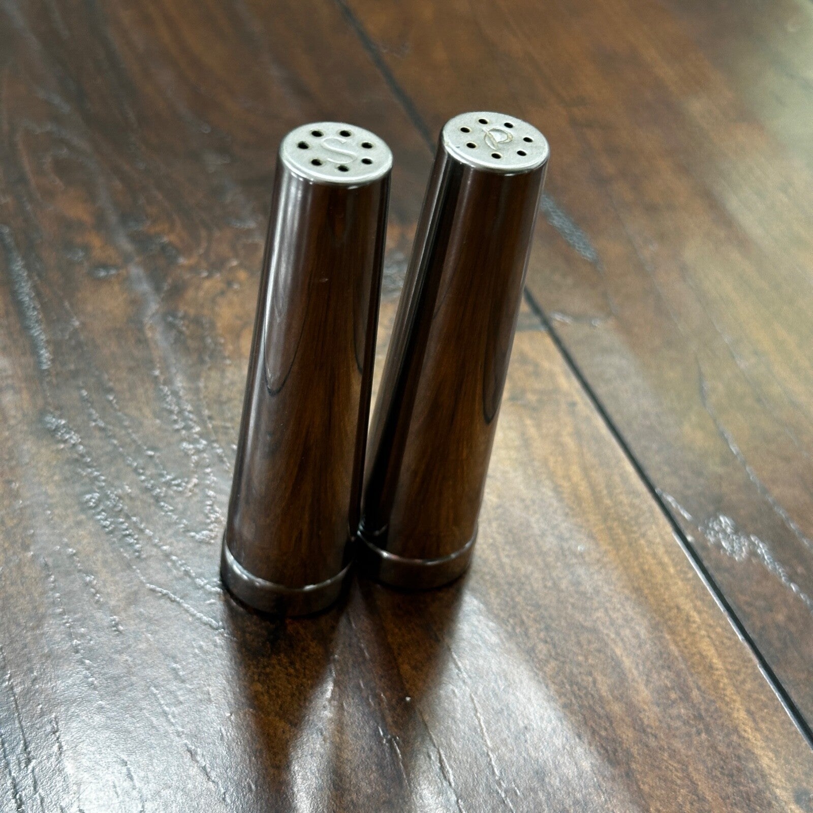 Vintage Modern MCM Silver Tone Chrome Bullet Shaped Salt & Pepper Shakers Eames