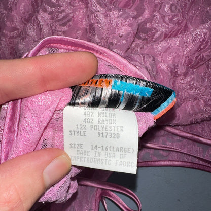 Soft Sensations 80s VTG Women's Lace Trim Satin Mini Slip Lingerie Dress Pink