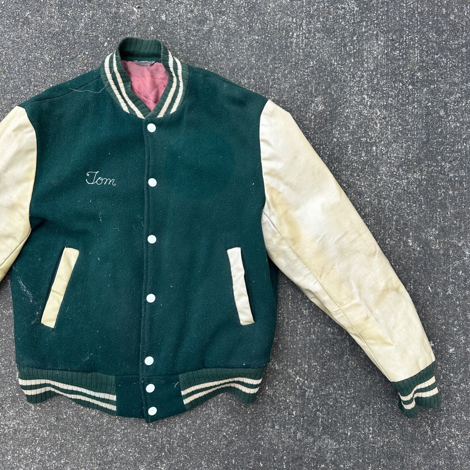Vintage Letterman Jacket Green White Leather Wool TOM Named Simple Basic 1960s