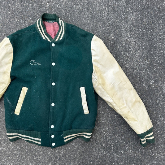Vintage Letterman Jacket Green White Leather Wool TOM Named Simple Basic 1960s