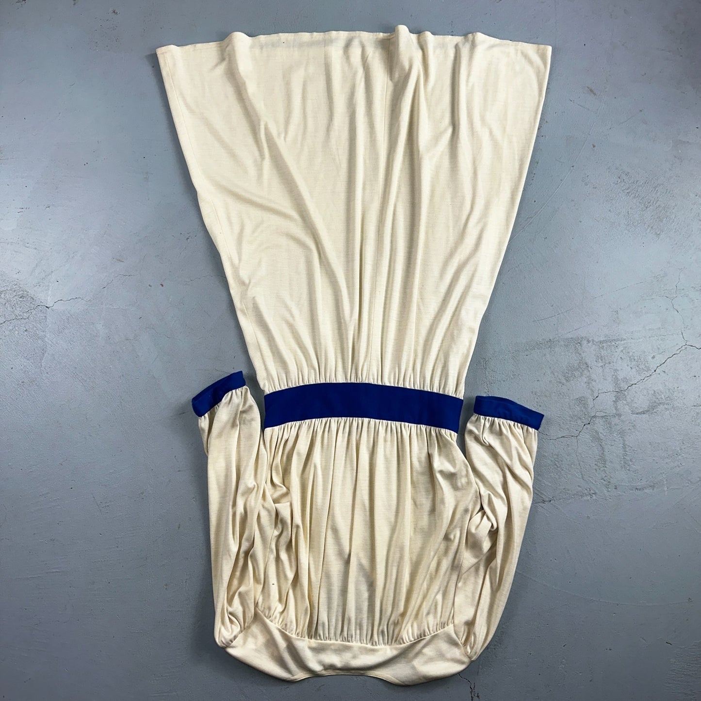 Vintage René Helga Howie Cream Midi Dress Blue Trim V-Neck 3/4 Sleeve Boho 70s