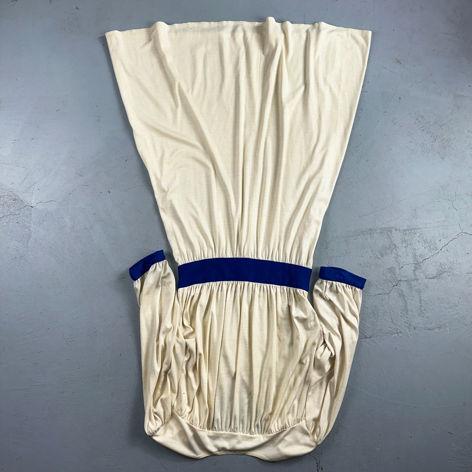 Vintage René Helga Howie Cream Midi Dress Blue Trim V-Neck 3/4 Sleeve Boho 70s