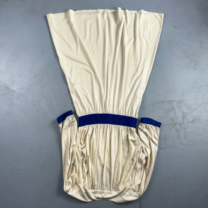 Vintage René Helga Howie Cream Midi Dress Blue Trim V-Neck 3/4 Sleeve Boho 70s