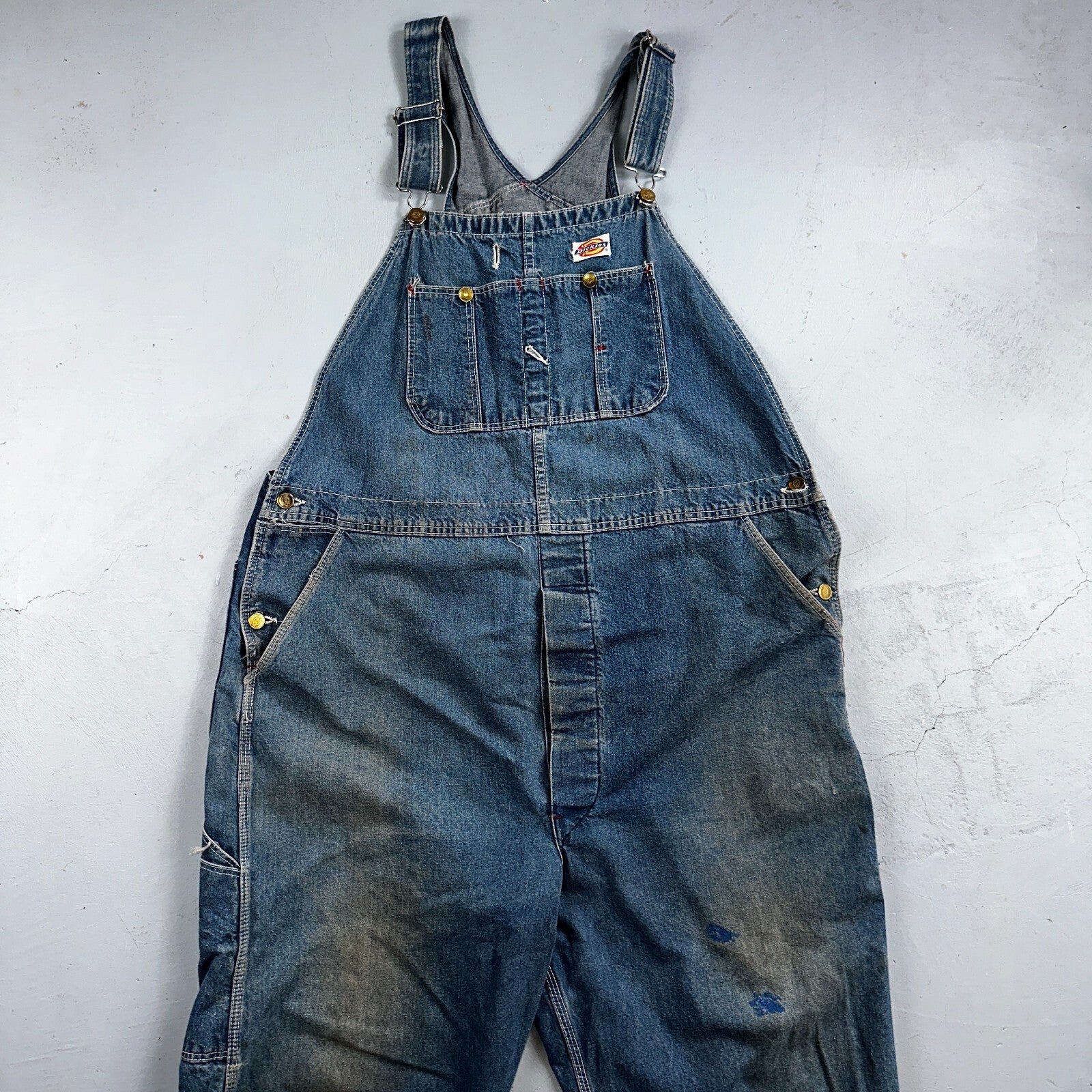 Dickies Vintage 70s Denim Bib Overalls 44x32 Carpenter Indigo Blue Workwear USED