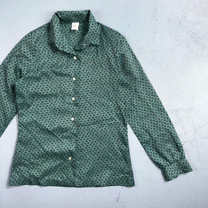 VTG 60s Jantzen Womens Top 12 Green Button Long Sleeve Shirt Flowers USA