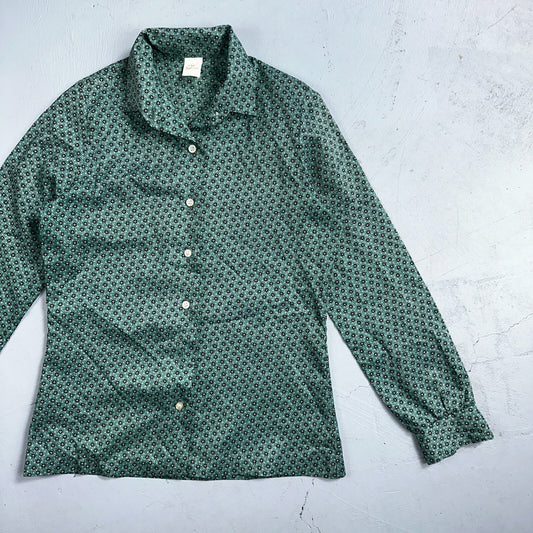 VTG 60s Jantzen Womens Top 12 Green Button Long Sleeve Shirt Flowers USA