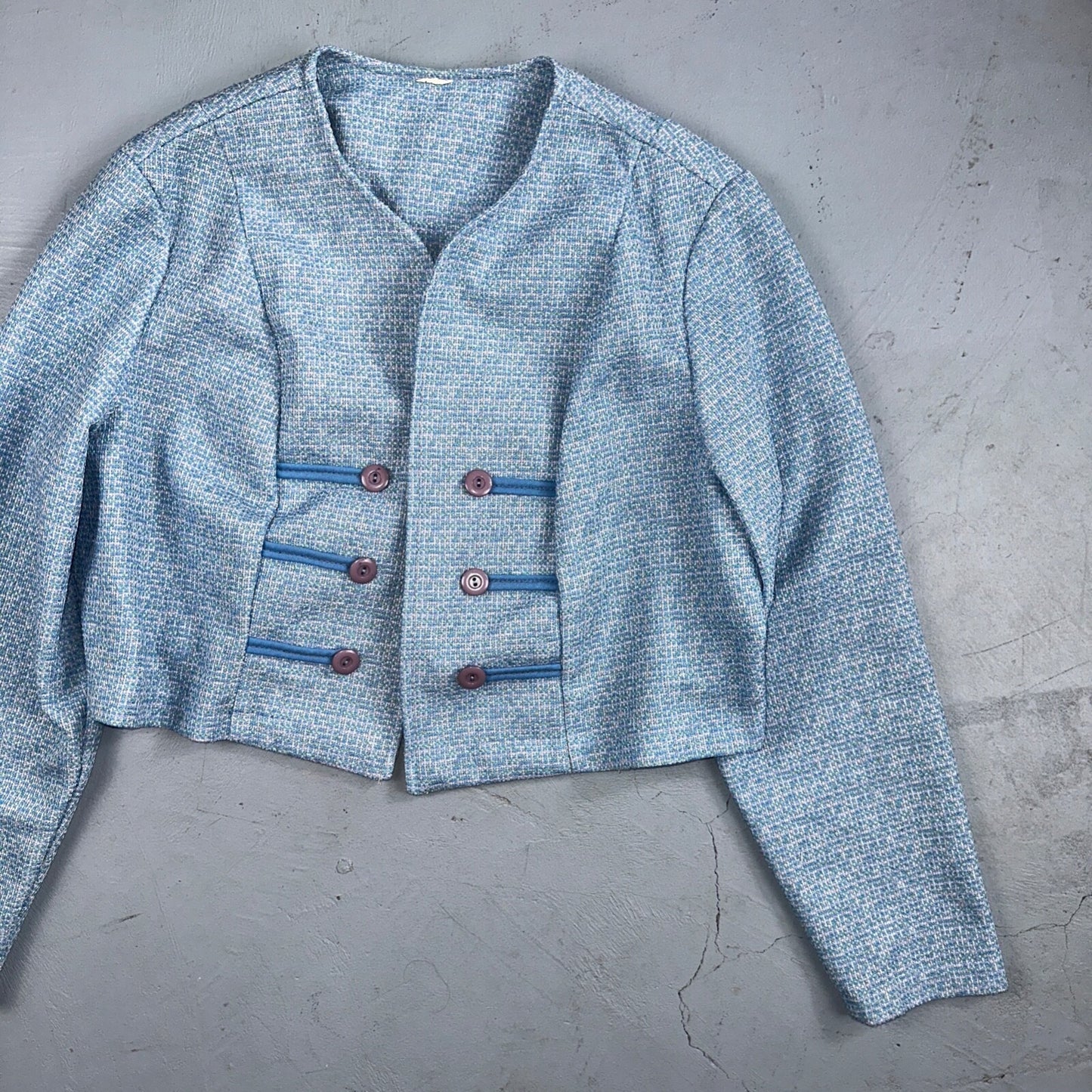 Vtg 70s Blazer Womens Blue Wool Houndstooth Knit Collar Luxury Office USA