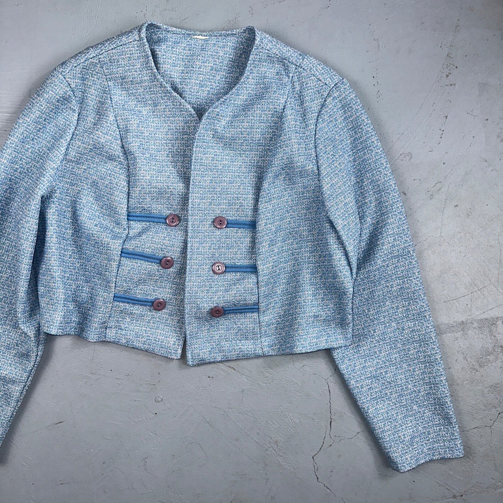 Vtg 70s Blazer Womens Blue Wool Houndstooth Knit Collar Luxury Office USA