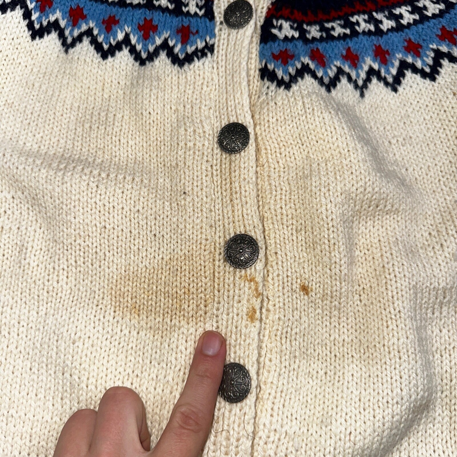 1960s VTG Boho Icelandic Knit Cardigan Large Ivory Red Wool Chunky Grandma Core