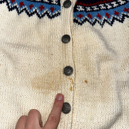 1960s VTG Boho Icelandic Knit Cardigan Large Ivory Red Wool Chunky Grandma Core