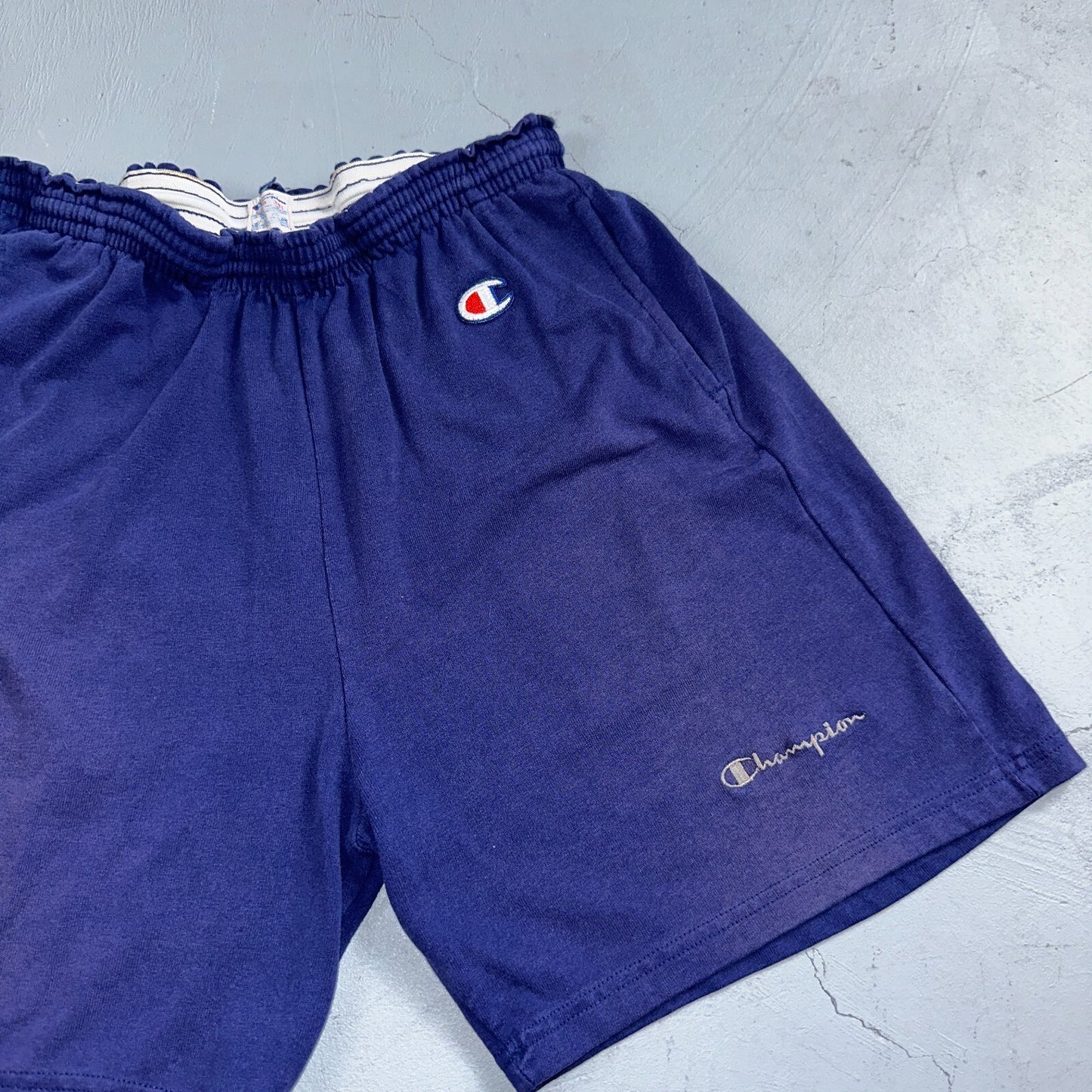 Champion VTG USA 80s Sweat Gym Shorts Large Navy Blue Faded Reverse Weave 1980s