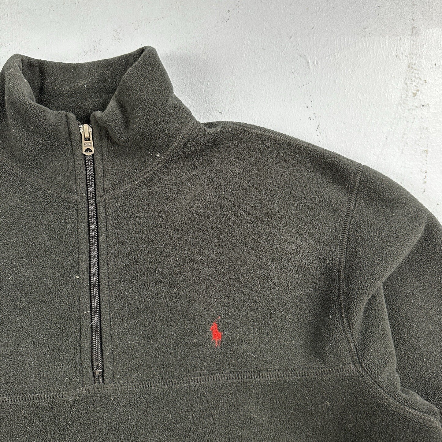 Polo Ralph Lauren Vintage 90s M Black 1/4 Zip Large Fleece Pullover Made in USA
