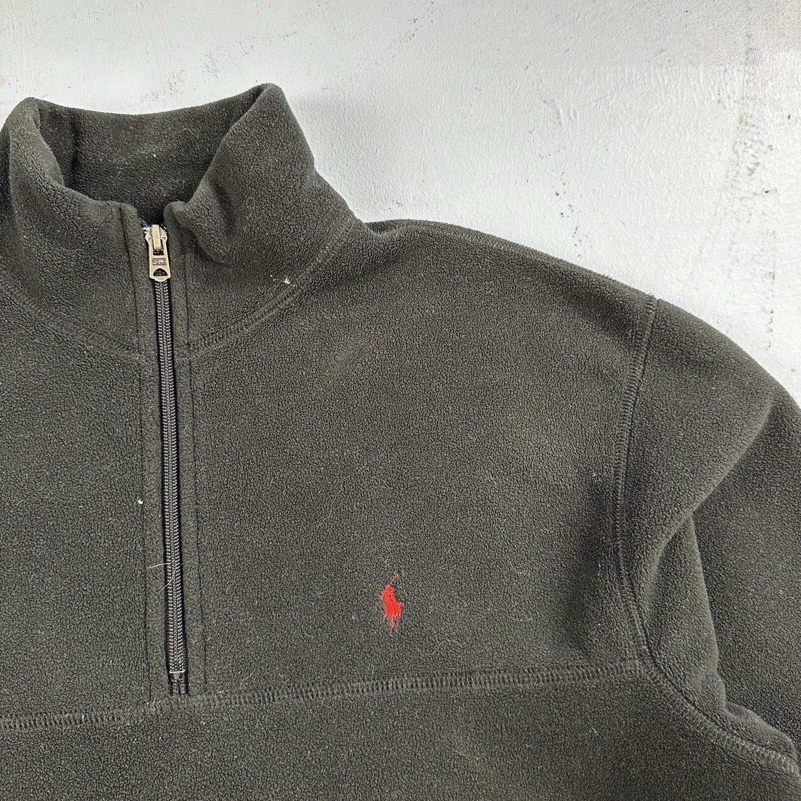 Polo Ralph Lauren Vintage 90s M Black 1/4 Zip Large Fleece Pullover Made in USA