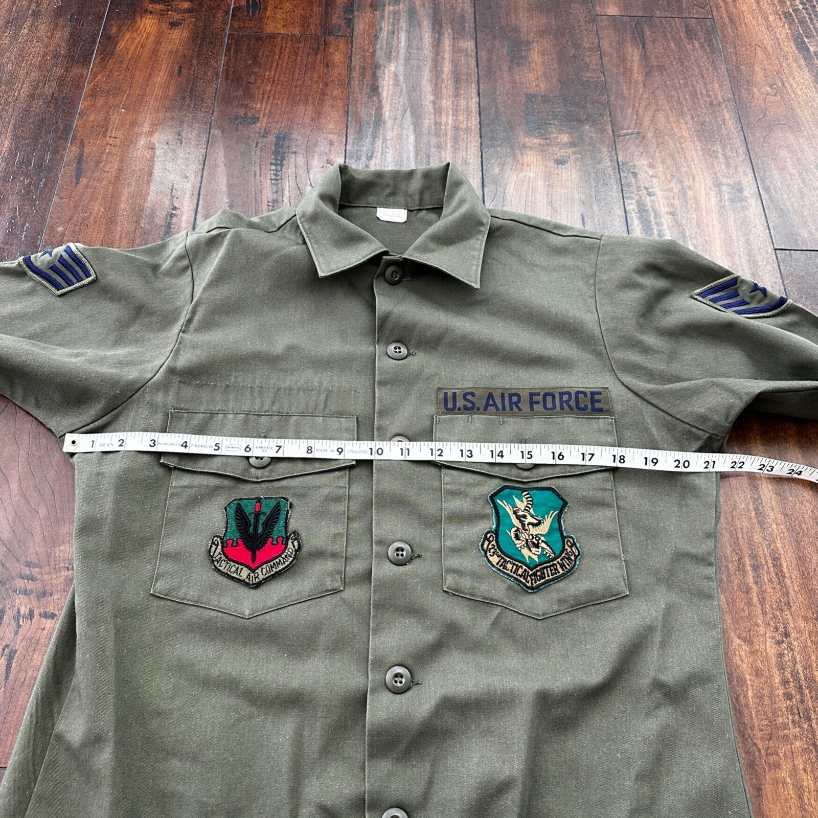 VTG US Military Shirt Mens 15.5 Green OG 507 Utility Patches Jacket 1980 USAF