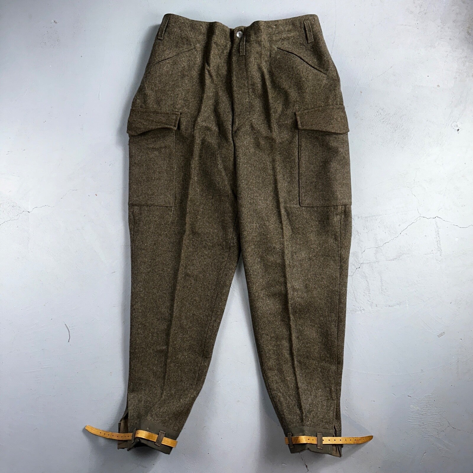 Vintage 1940s Swedish Army Wool Cargo Heavy Pants WWII Leather Straps 35x32