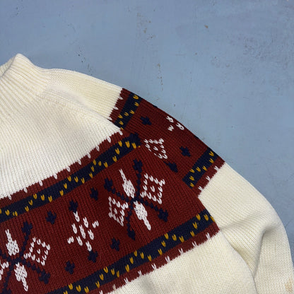 VTG 70s JC Penney Retro Mens Large Nordic Snowflake Ski Sweater White Holiday