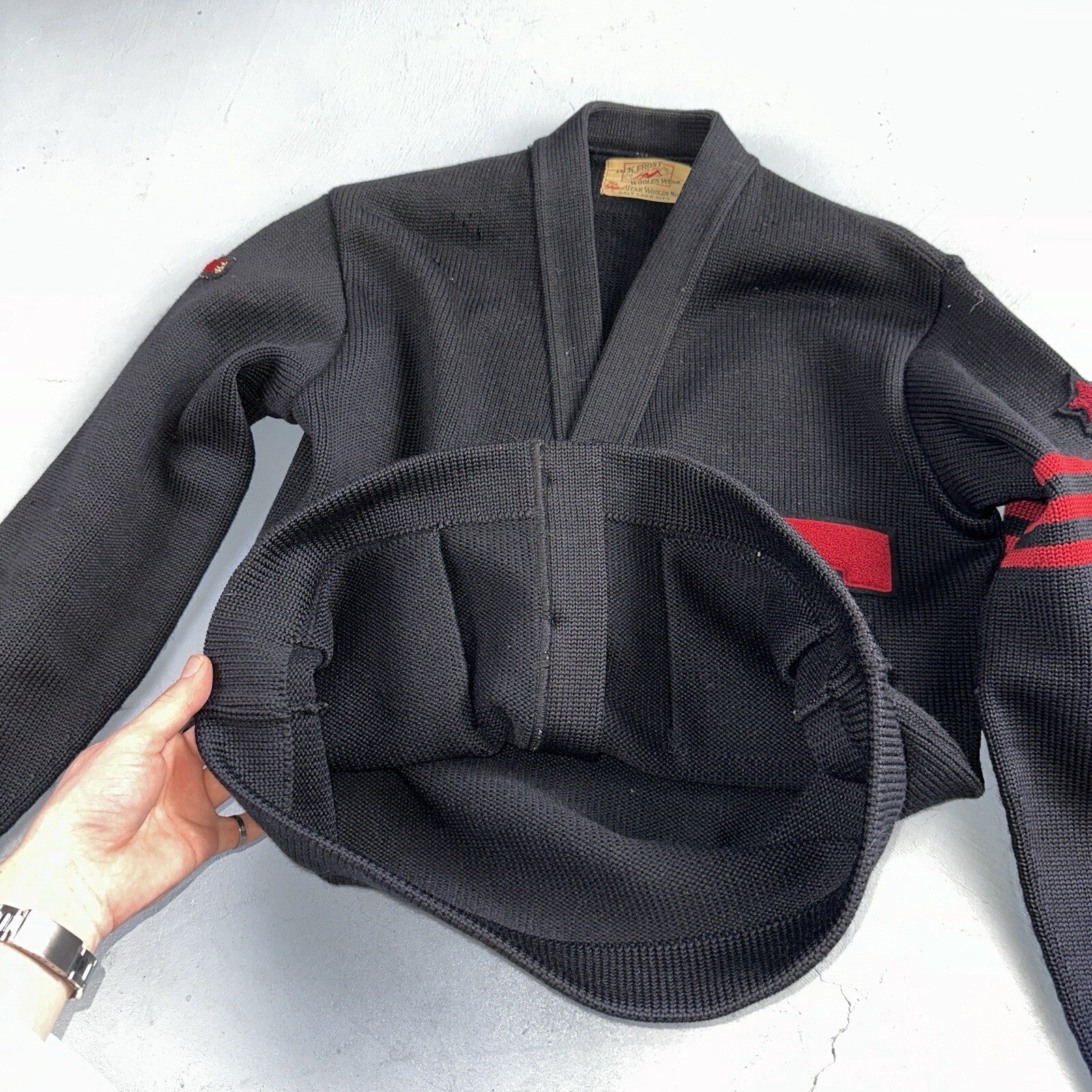 VTG Jack Frost 40s Wool Varsity Sweater Cardigan Indian Black E Evans Letterman