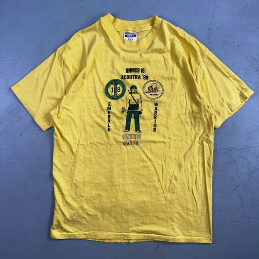 Emerald Warrior 80s Hanes VTG T Shirt Bees Yellow Seabees RNMCB 18 Acdutra Army