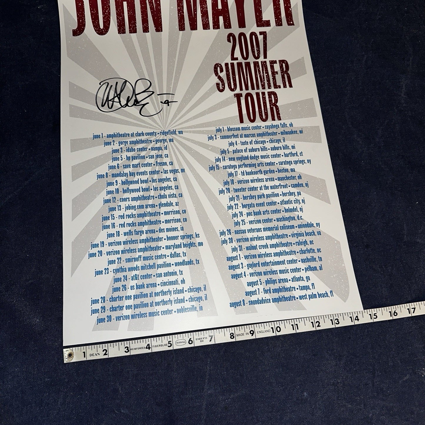 John Mayer Autographed 2007 Summer Tour Poster Signed Continuum Music 14×22