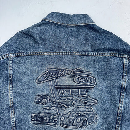 Crusin USA Cars Vintage 1980s Embossed Men's Denim Jacket Sz L Trucker Muscle