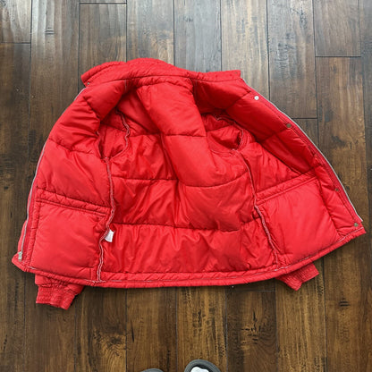 Vintage 60s Red Down Insulated Quilted Puffer Jacket M 1960s 70s Rockabilly