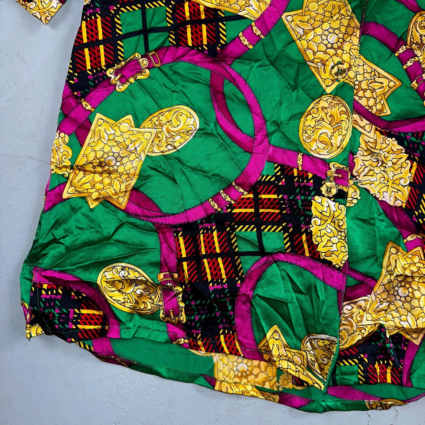 Peter Nygard Shirt Womens 12 Gold Green Silk Abstract VTG 80s Saks Fifth Avenue